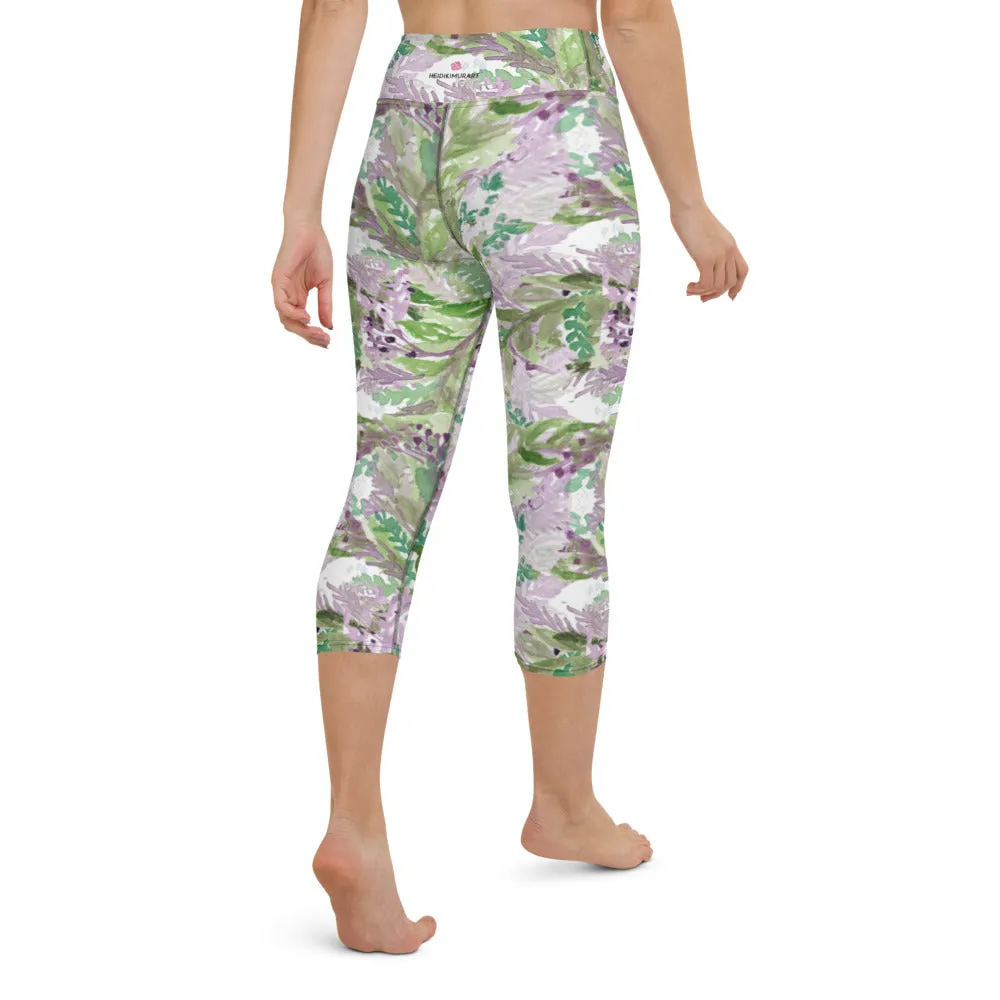 Lavender Yoga Capri Leggings, Floral Lavender Print Best Designer Women's Yoga Capri Leggings