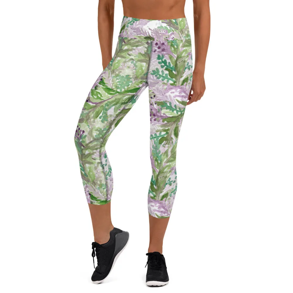 Lavender Yoga Capri Leggings, Floral Lavender Print Best Designer Women's Yoga Capri Leggings