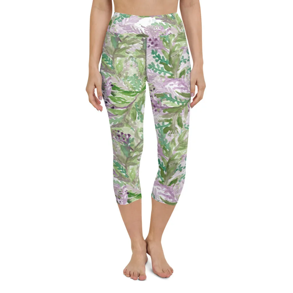 Lavender Yoga Capri Leggings, Floral Lavender Print Best Designer Women's Yoga Capri Leggings