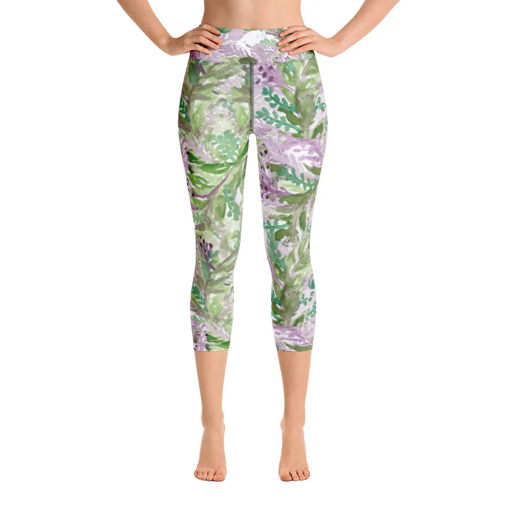 Lavender Yoga Capri Leggings, Floral Lavender Print Best Designer Women's Yoga Capri Leggings