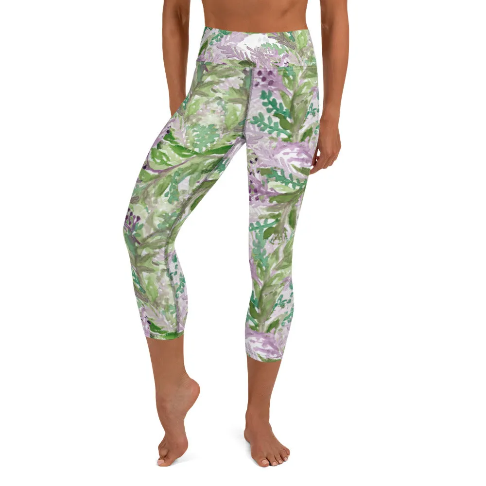 Lavender Yoga Capri Leggings, Floral Lavender Print Best Designer Women's Yoga Capri Leggings