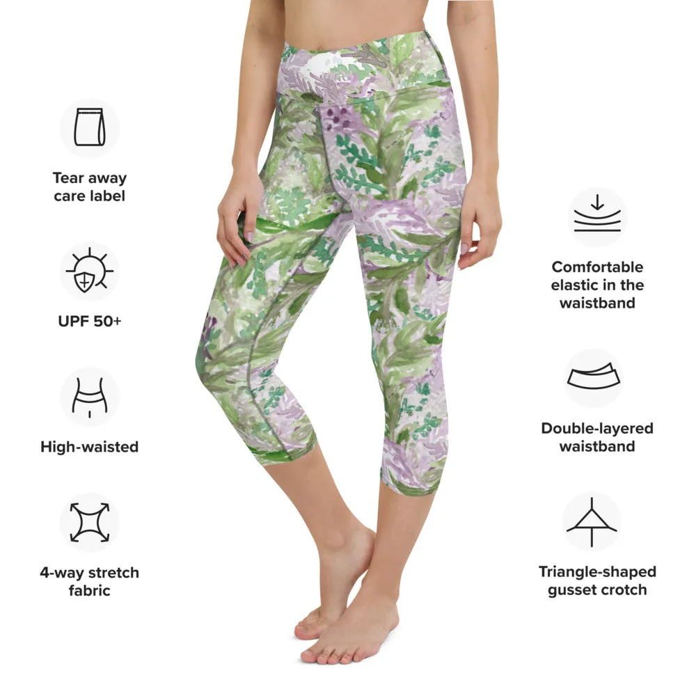 Lavender Yoga Capri Leggings, Floral Lavender Print Best Designer Women's Yoga Capri Leggings