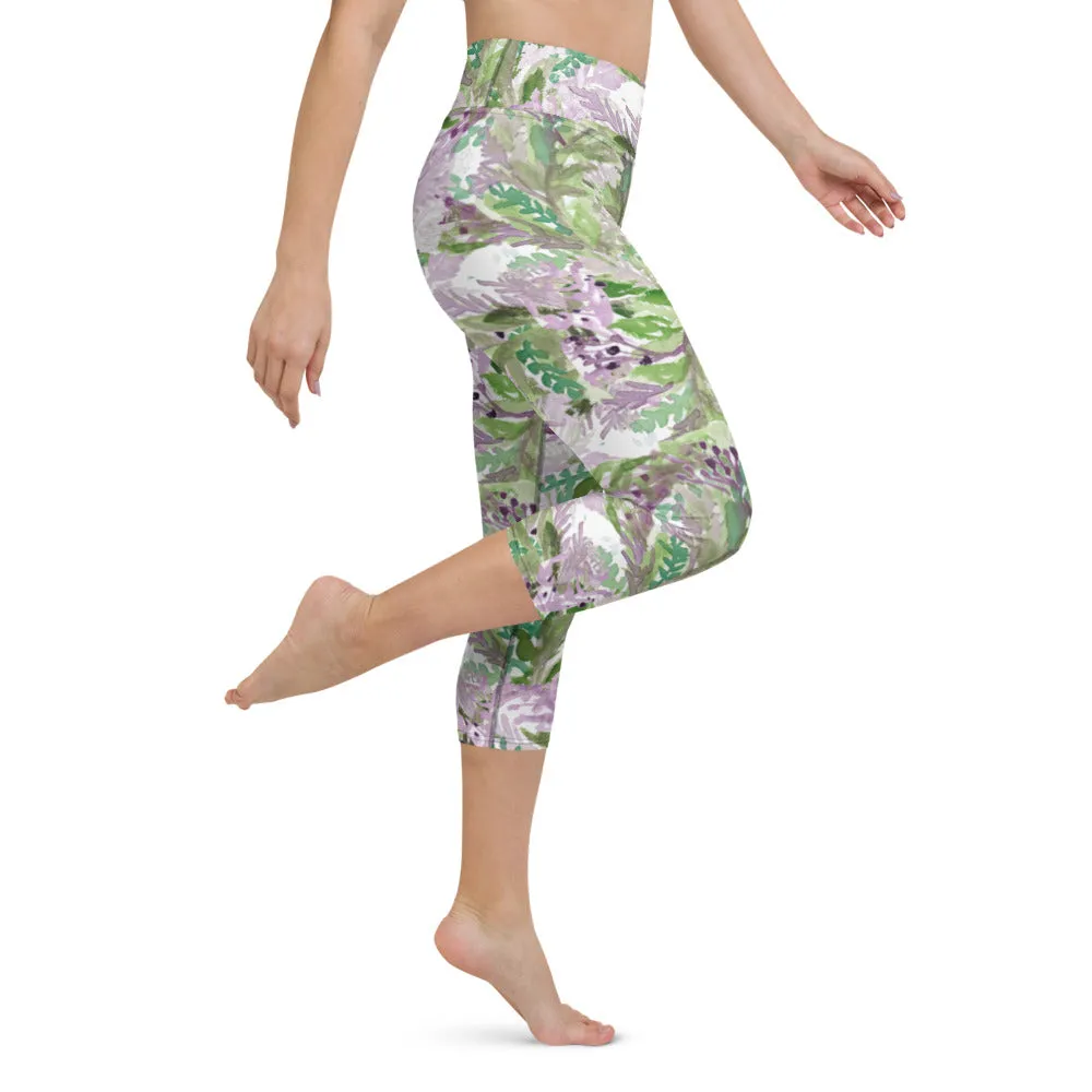 Lavender Yoga Capri Leggings, Floral Lavender Print Best Designer Women's Yoga Capri Leggings