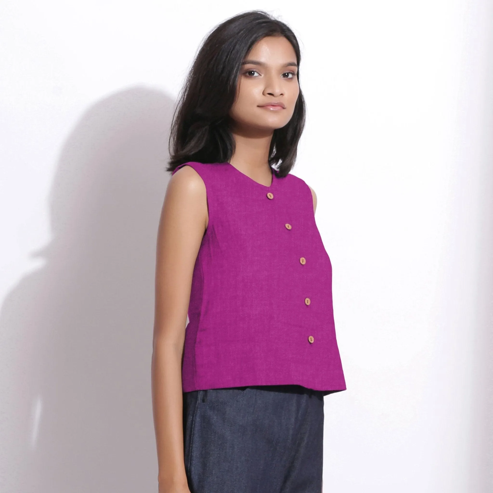 Magenta 100% Linen Sleeveless Button-Down Shirt