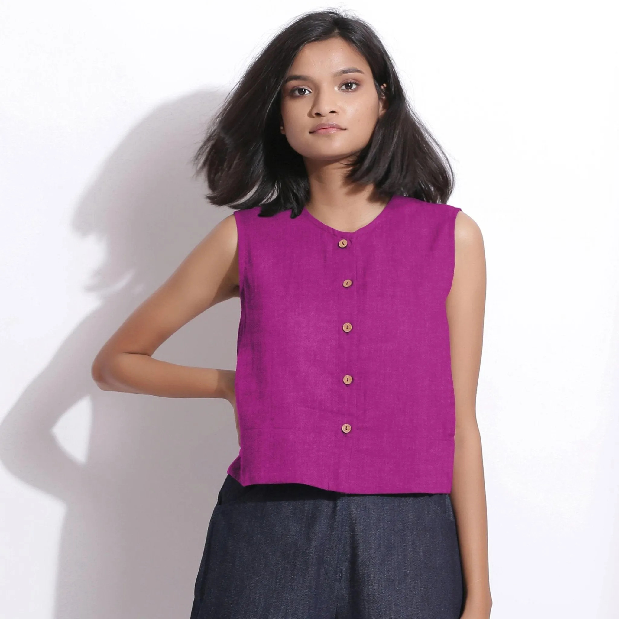 Magenta 100% Linen Sleeveless Button-Down Shirt