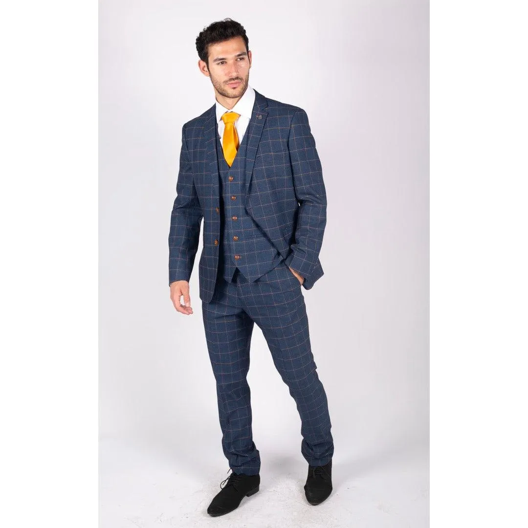 Mens 3 Piece Blue Orange Check Suit Retro Smart Tailored Fit Vintage