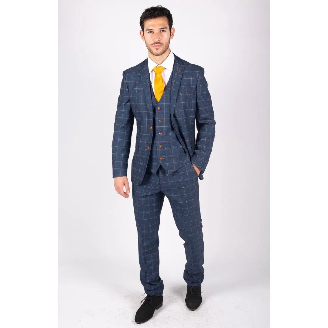 Mens 3 Piece Blue Orange Check Suit Retro Smart Tailored Fit Vintage