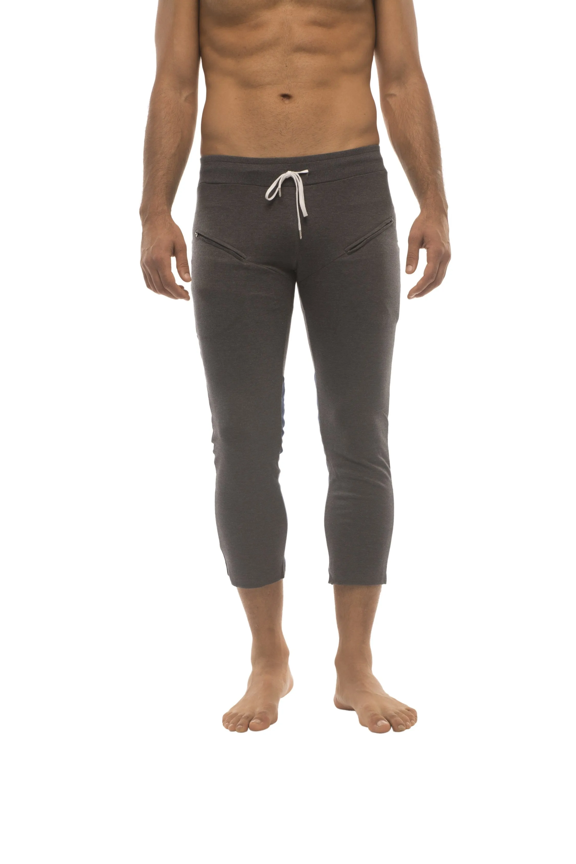 Mens 4/5 Zipper Pocket Capri Yoga Pants (Charcoal w/Black & Royal)