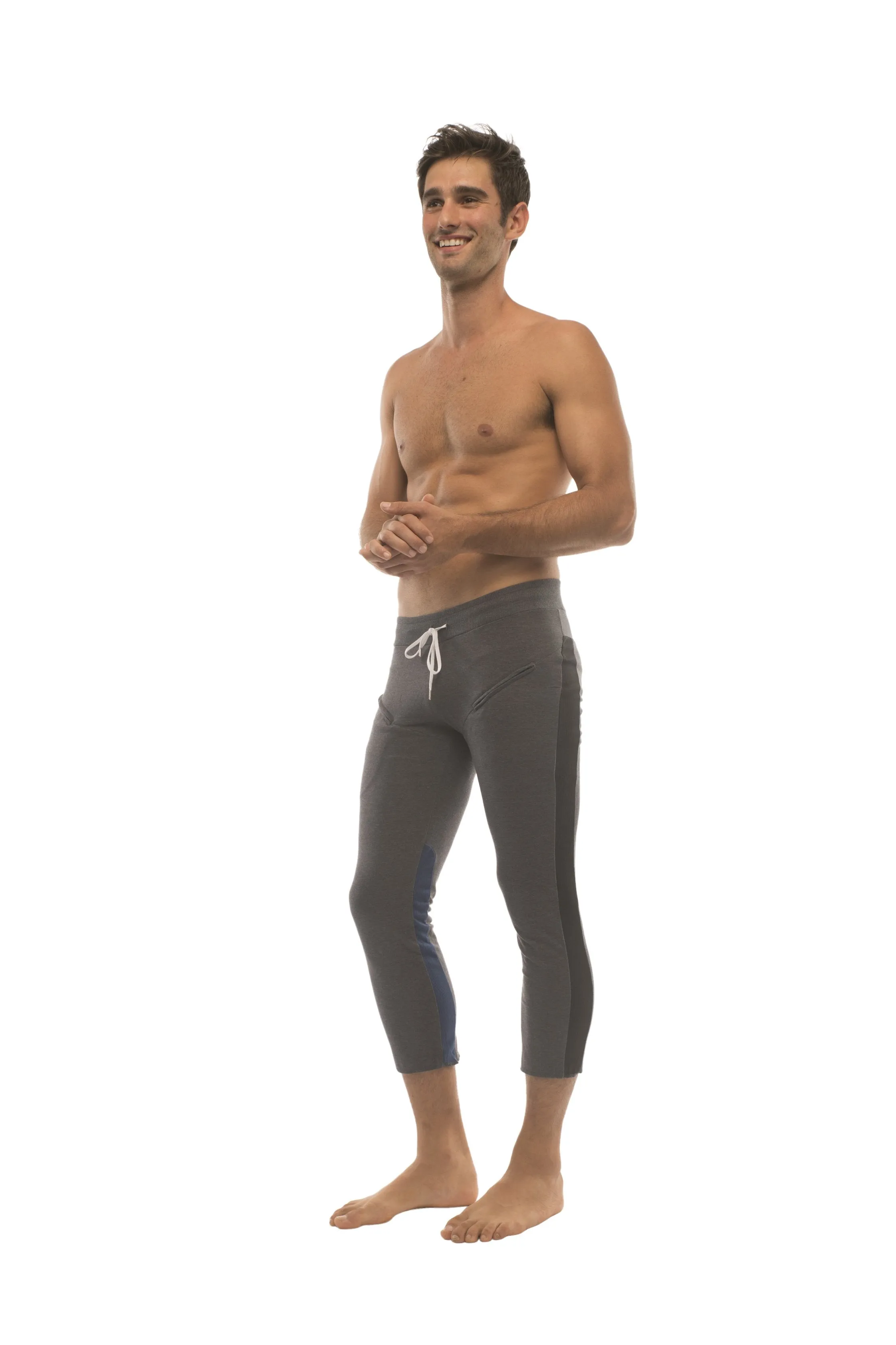 Mens 4/5 Zipper Pocket Capri Yoga Pants (Charcoal w/Black & Royal)