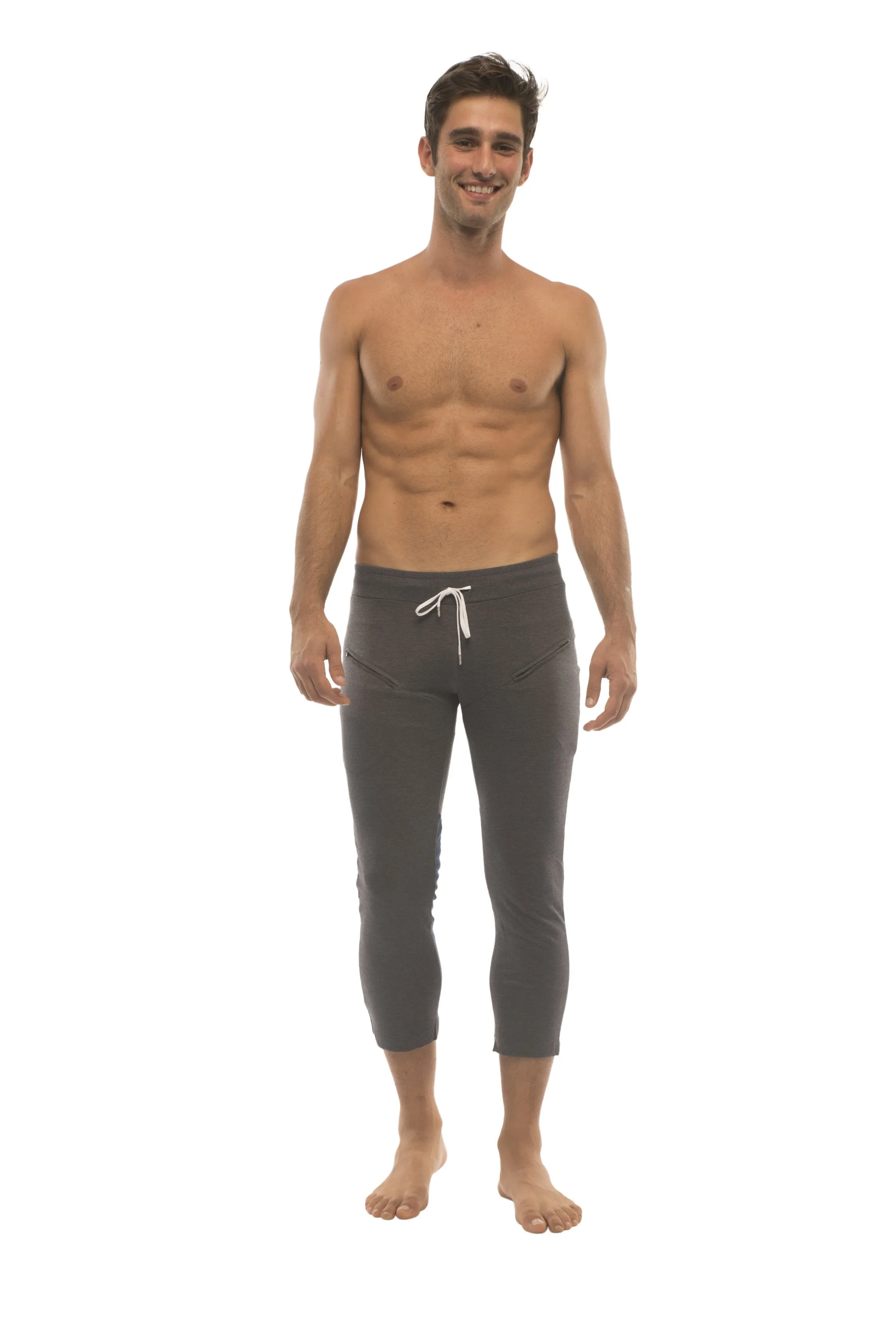 Mens 4/5 Zipper Pocket Capri Yoga Pants (Charcoal w/Black & Royal)