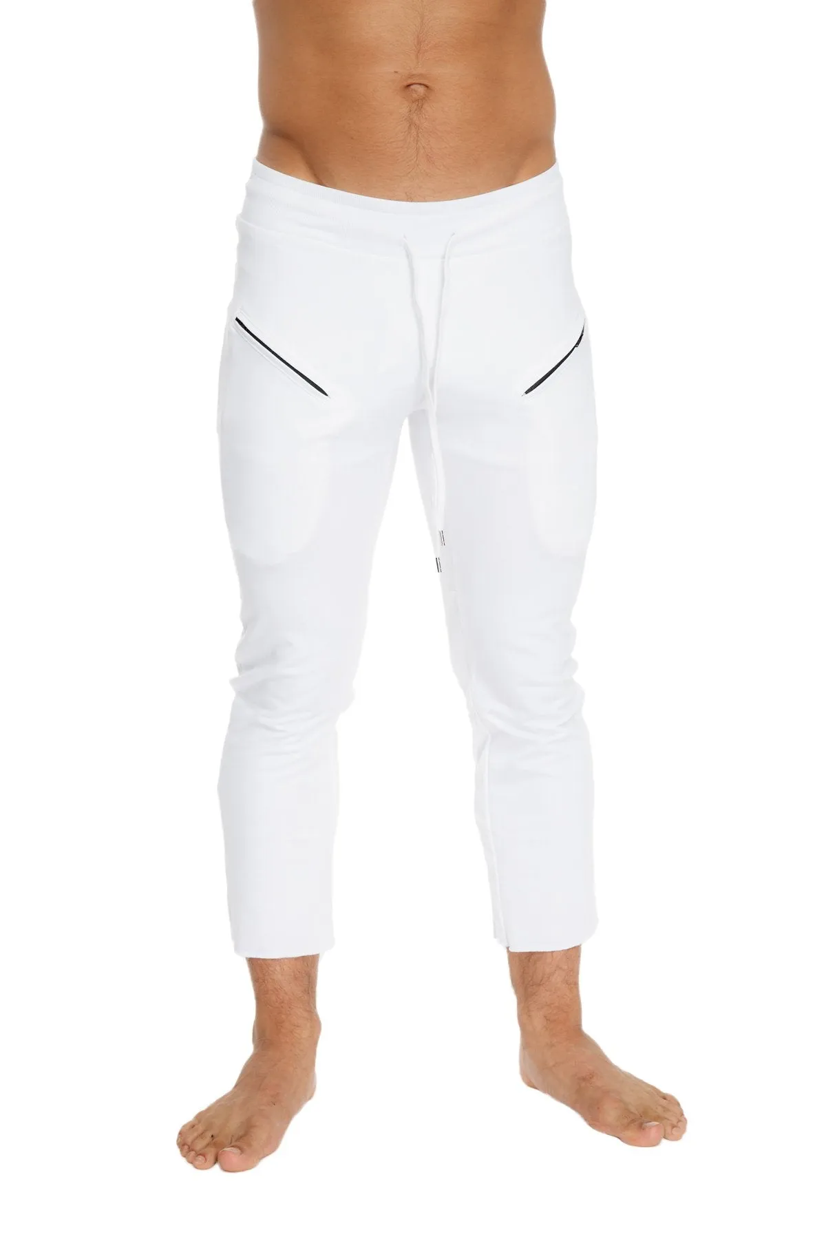 Mens 4/5 Zipper Pocket Capri Yoga Pants (White)