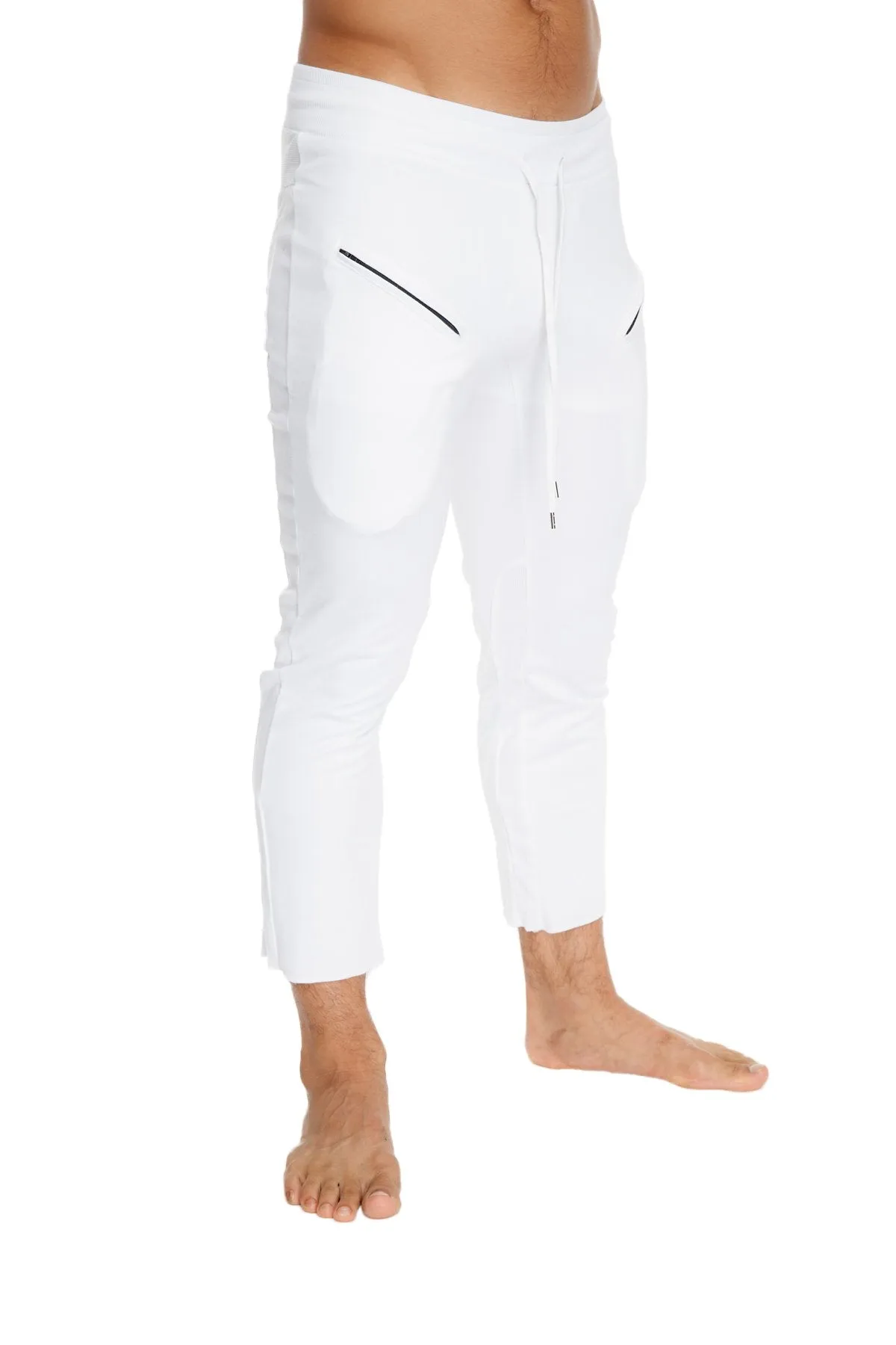 Mens 4/5 Zipper Pocket Capri Yoga Pants (White)