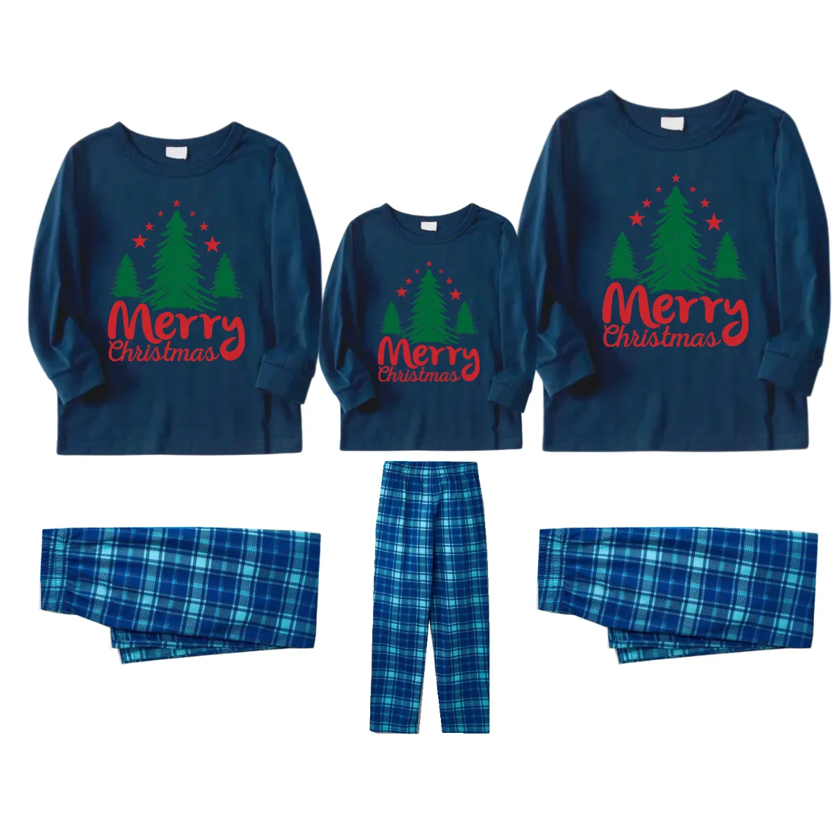 Merry Christmas Letter & Tree Printed Pattern Blue Long Sleeve Top and Blue & White Plaid Pants Family Matching Pajamas