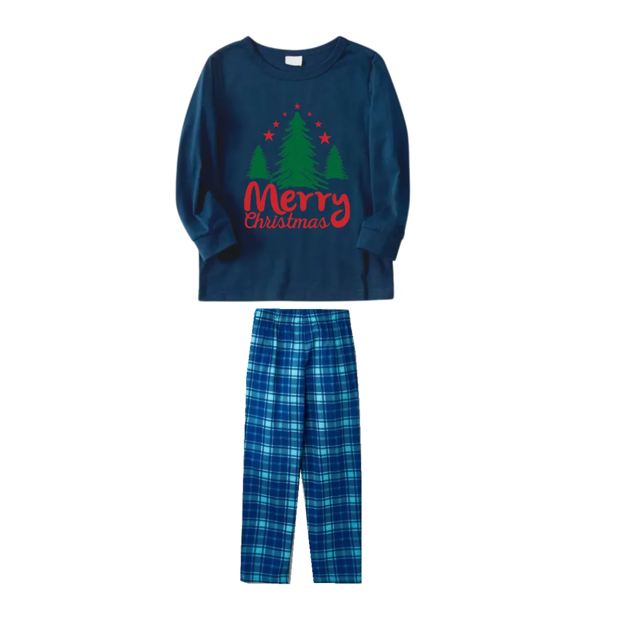 Merry Christmas Letter & Tree Printed Pattern Blue Long Sleeve Top and Blue & White Plaid Pants Family Matching Pajamas