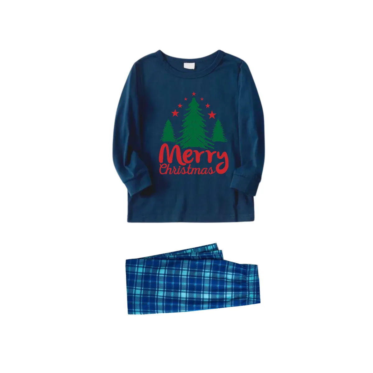 Merry Christmas Letter & Tree Printed Pattern Blue Long Sleeve Top and Blue & White Plaid Pants Family Matching Pajamas