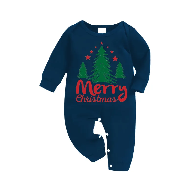 Merry Christmas Letter & Tree Printed Pattern Blue Long Sleeve Top and Blue & White Plaid Pants Family Matching Pajamas