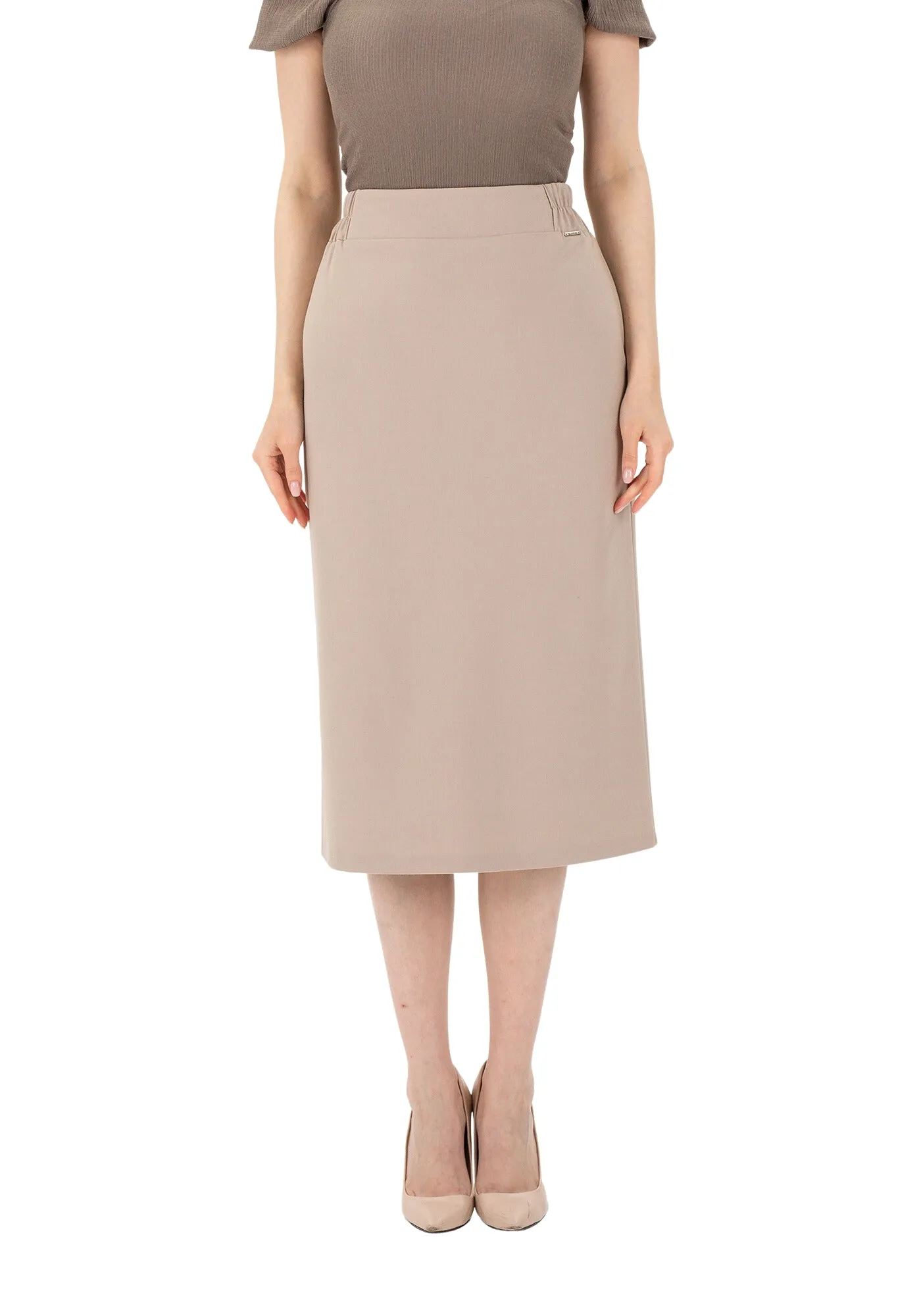 Midi Pencil Skirt with Elastic Waist and Closed Back Vent