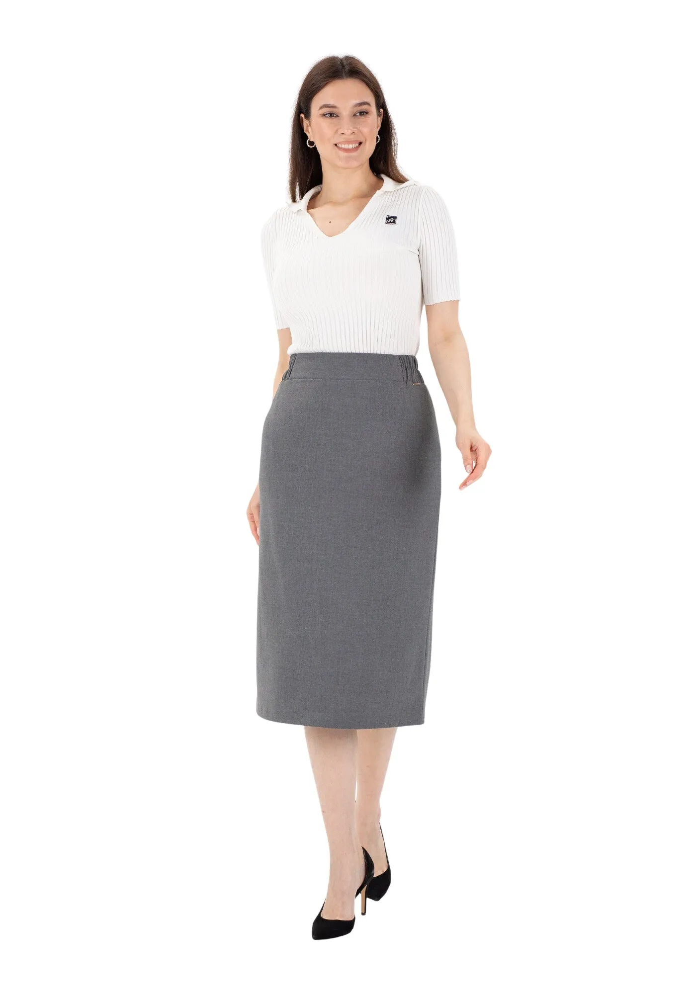 Midi Pencil Skirt with Elastic Waist and Closed Back Vent