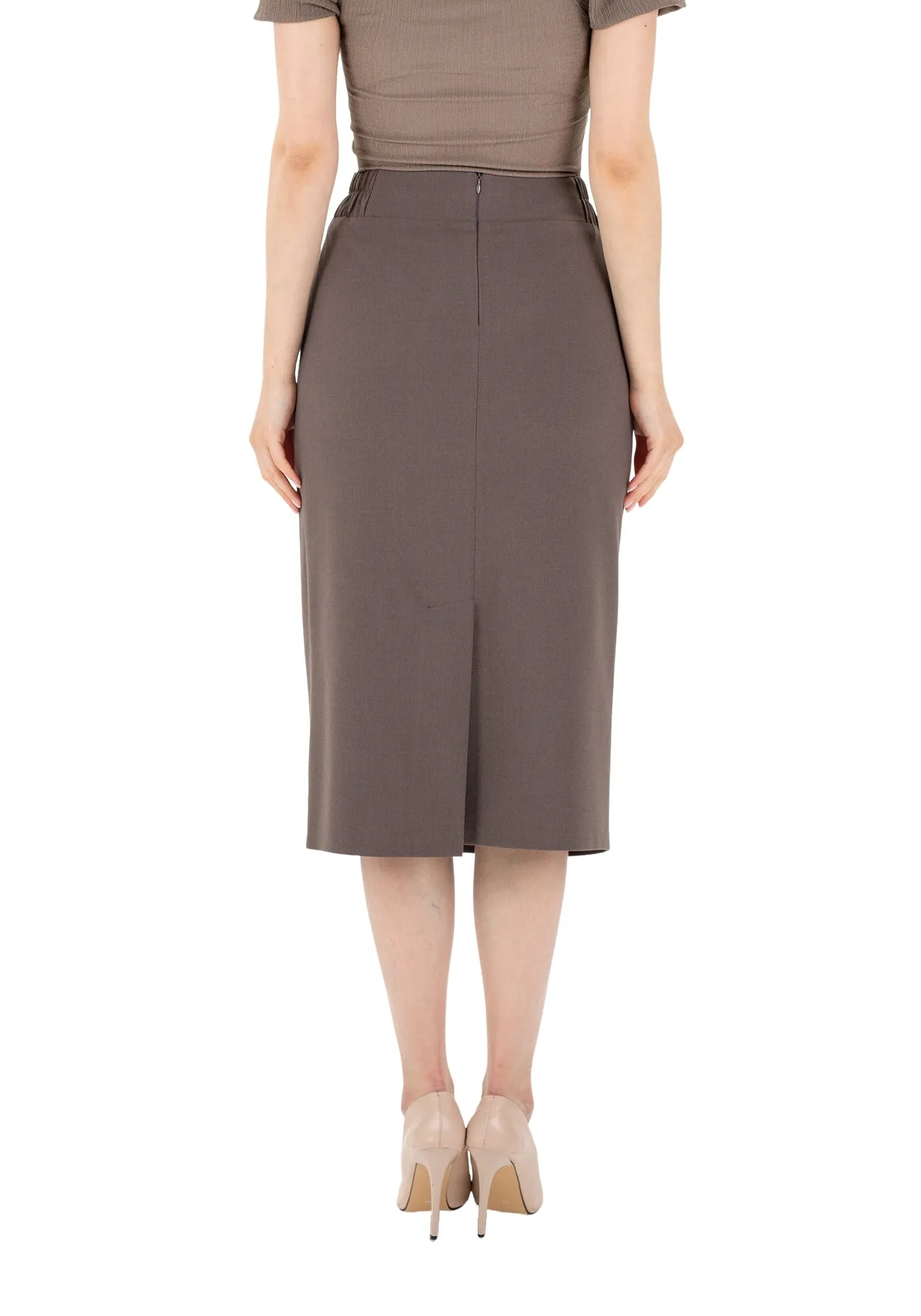 Midi Pencil Skirt with Elastic Waist and Closed Back Vent