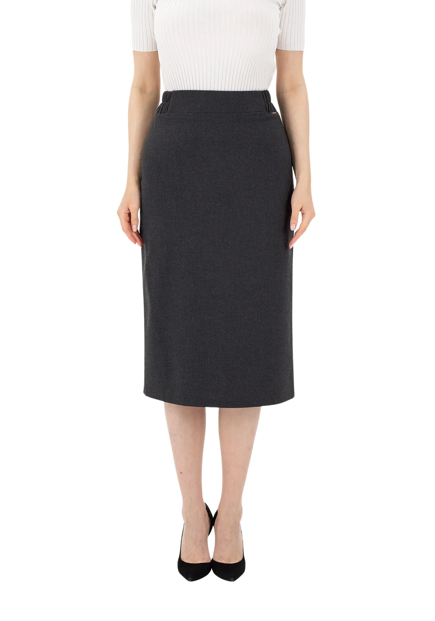 Midi Pencil Skirt with Elastic Waist and Closed Back Vent