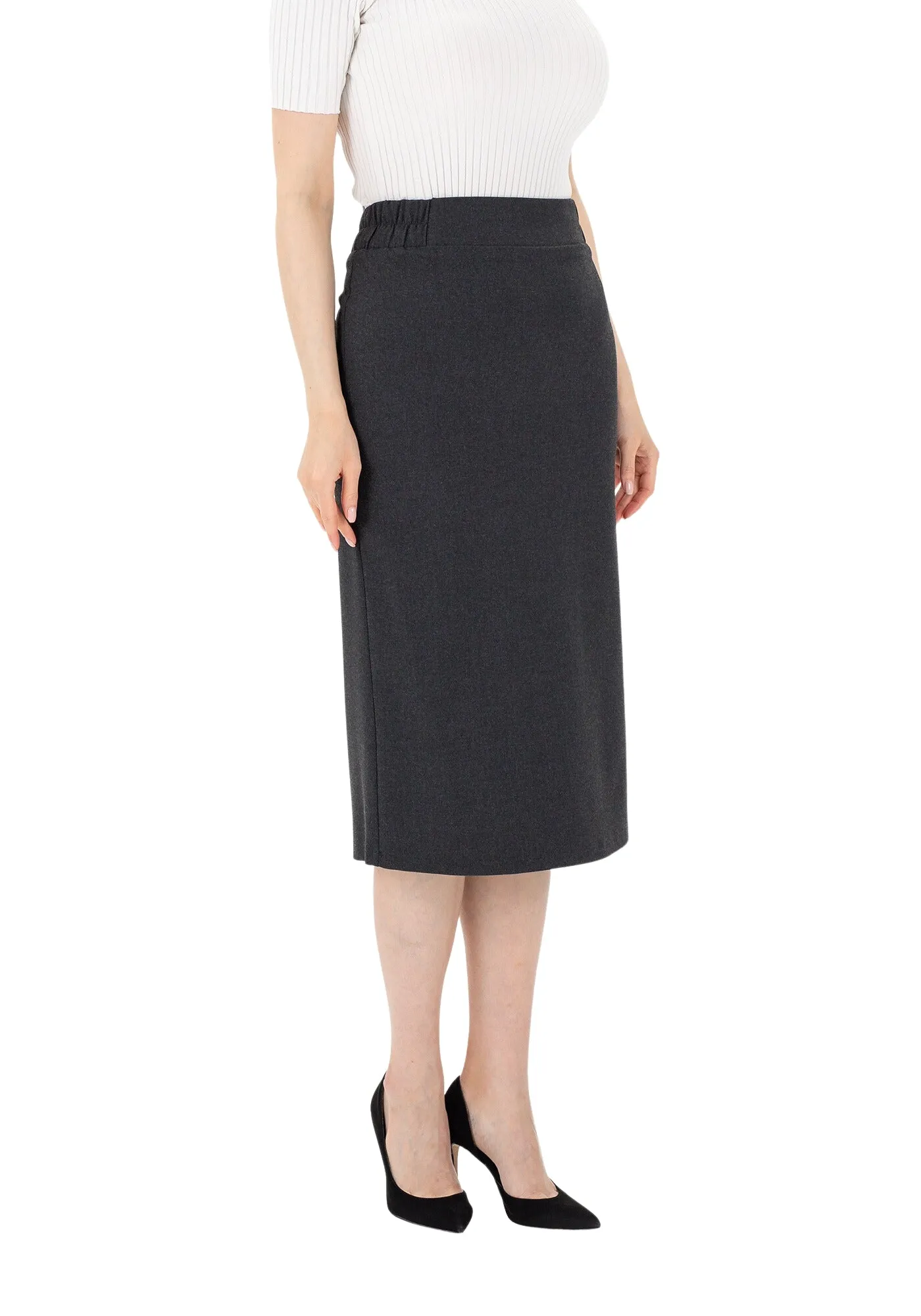 Midi Pencil Skirt with Elastic Waist and Closed Back Vent