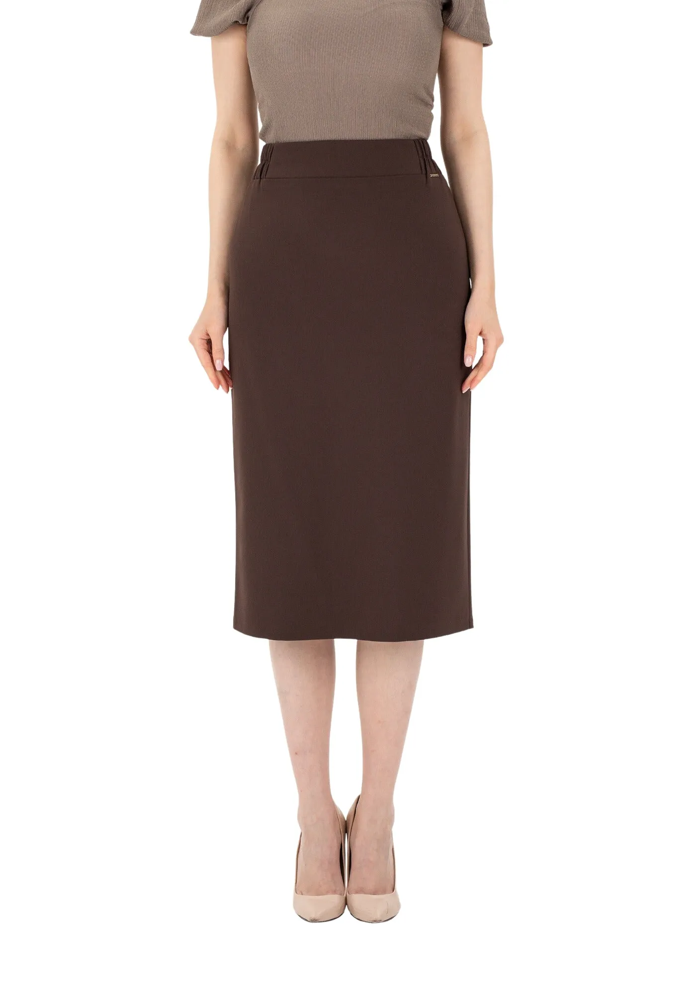 Midi Pencil Skirt with Elastic Waist and Closed Back Vent