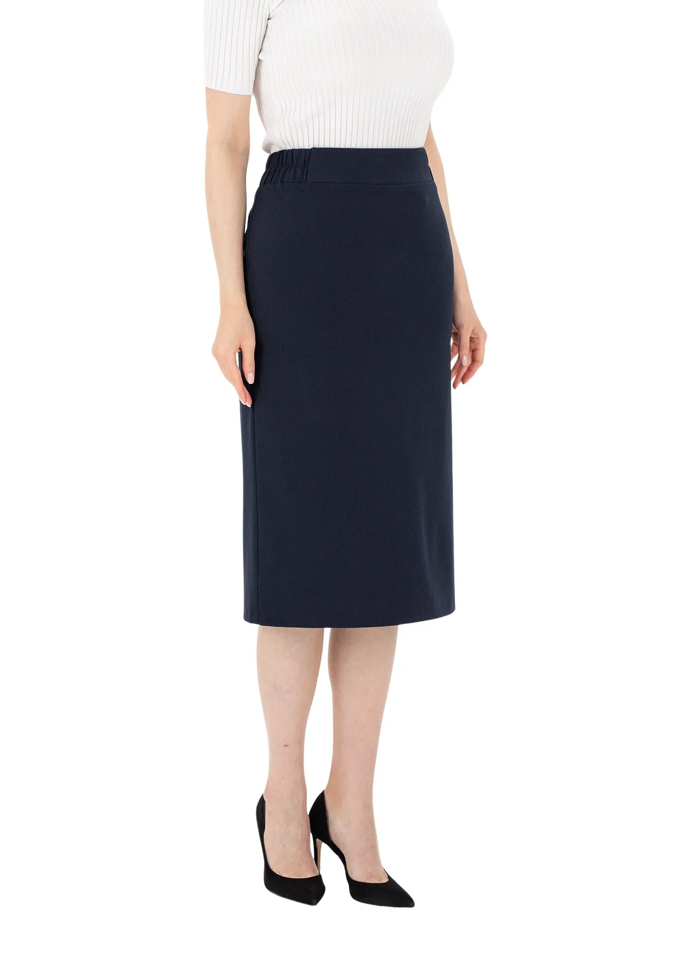 Midi Pencil Skirt with Elastic Waist and Closed Back Vent