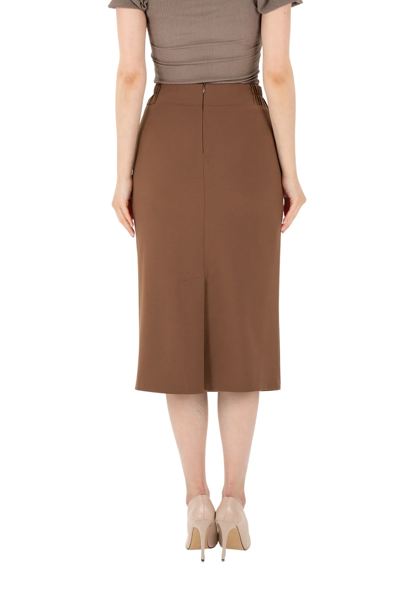 Midi Pencil Skirt with Elastic Waist and Closed Back Vent