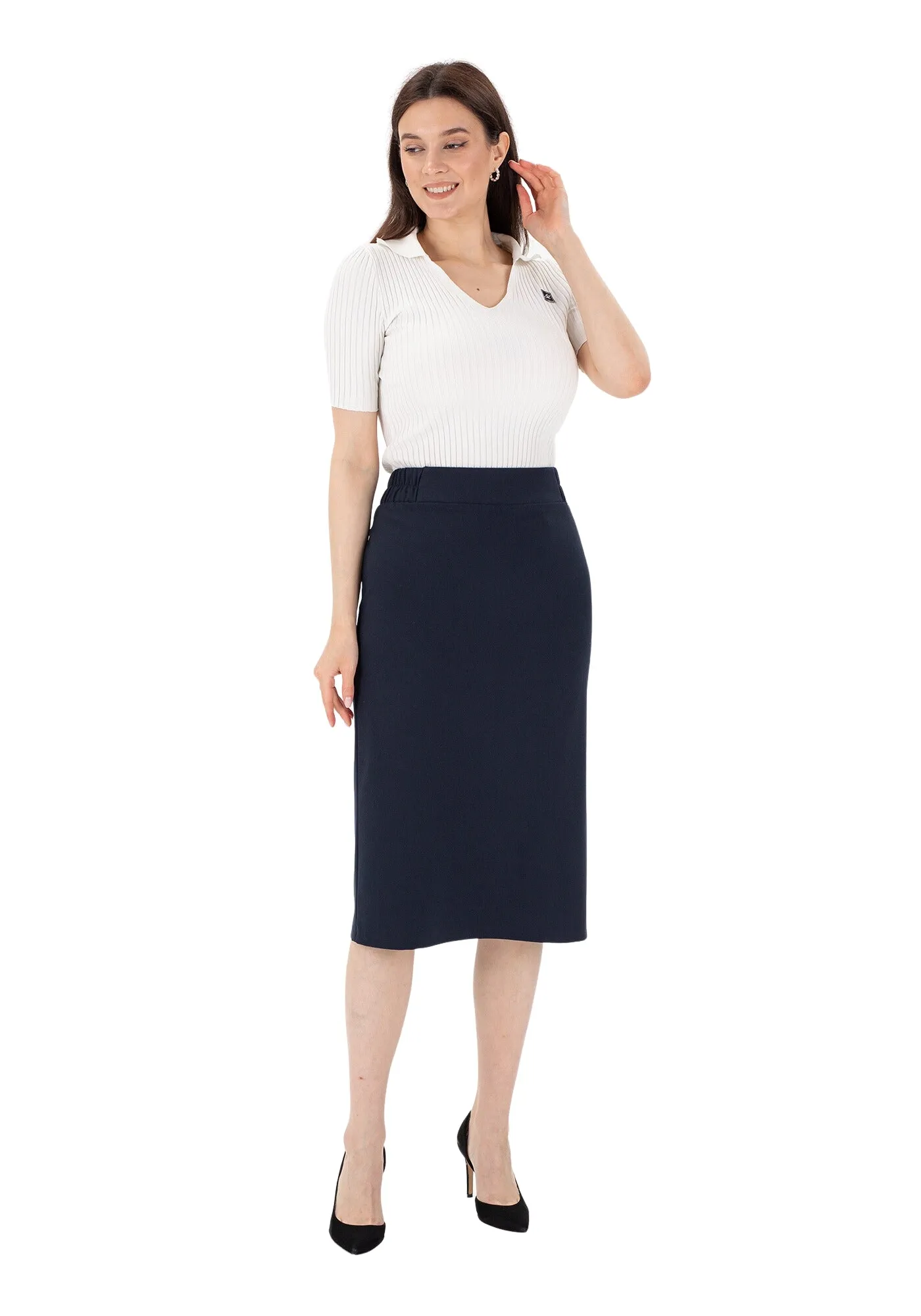 Midi Pencil Skirt with Elastic Waist and Closed Back Vent