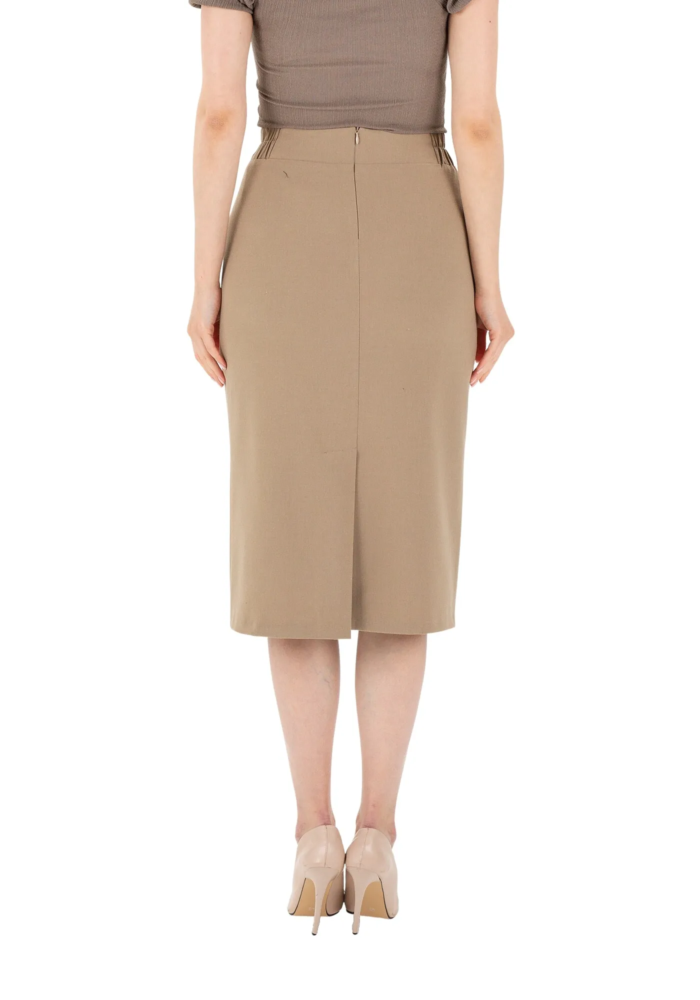 Midi Pencil Skirt with Elastic Waist and Closed Back Vent