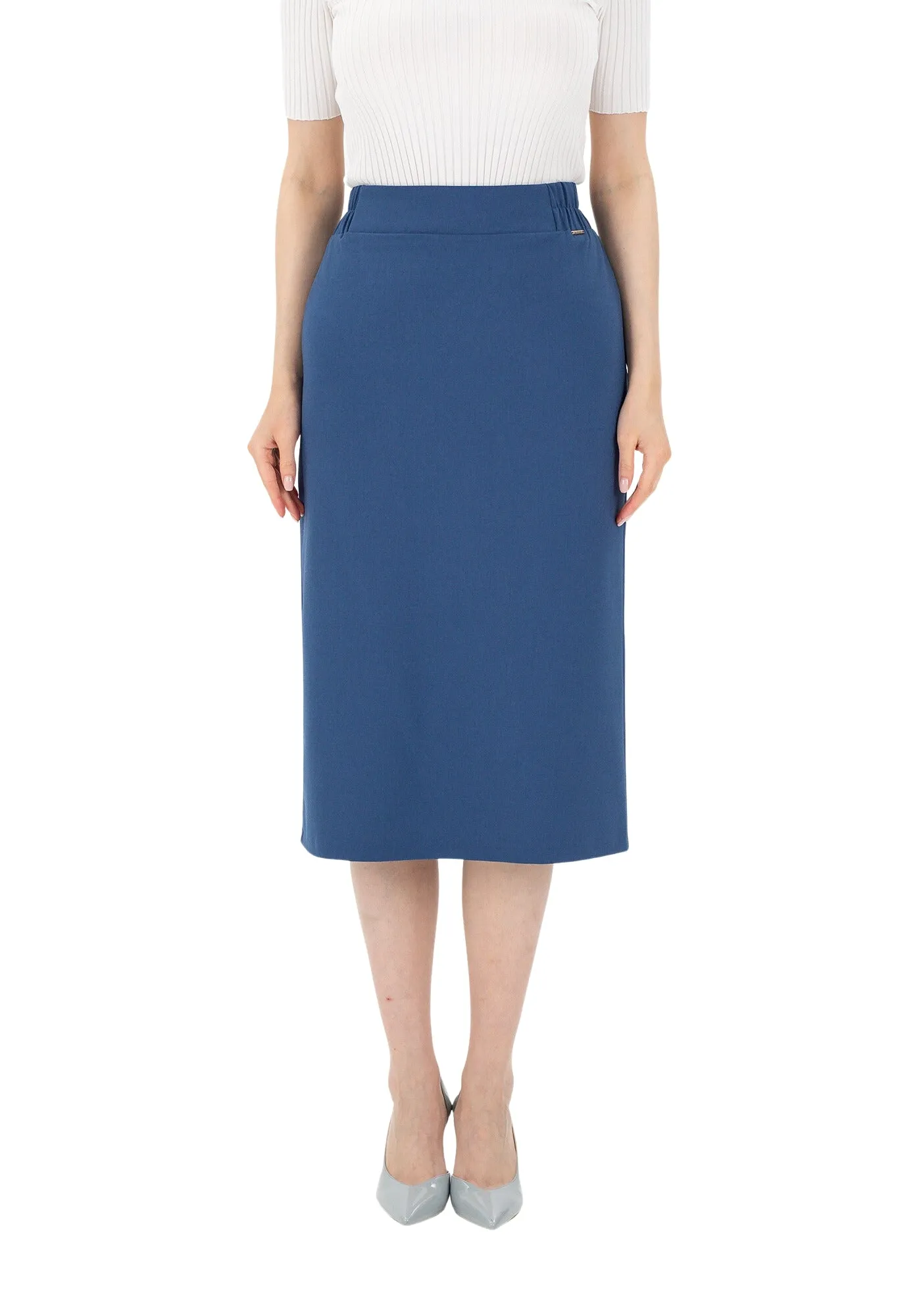 Midi Pencil Skirt with Elastic Waist and Closed Back Vent