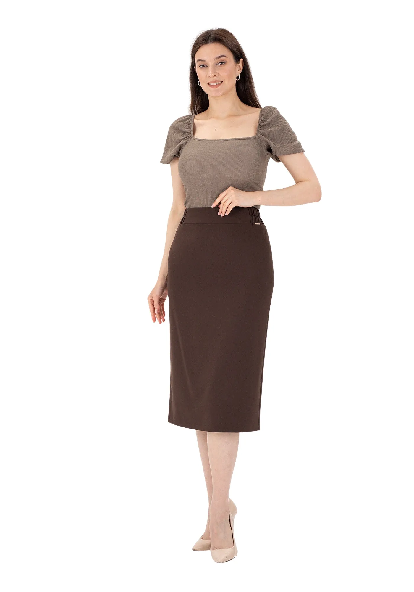 Midi Pencil Skirt with Elastic Waist and Closed Back Vent