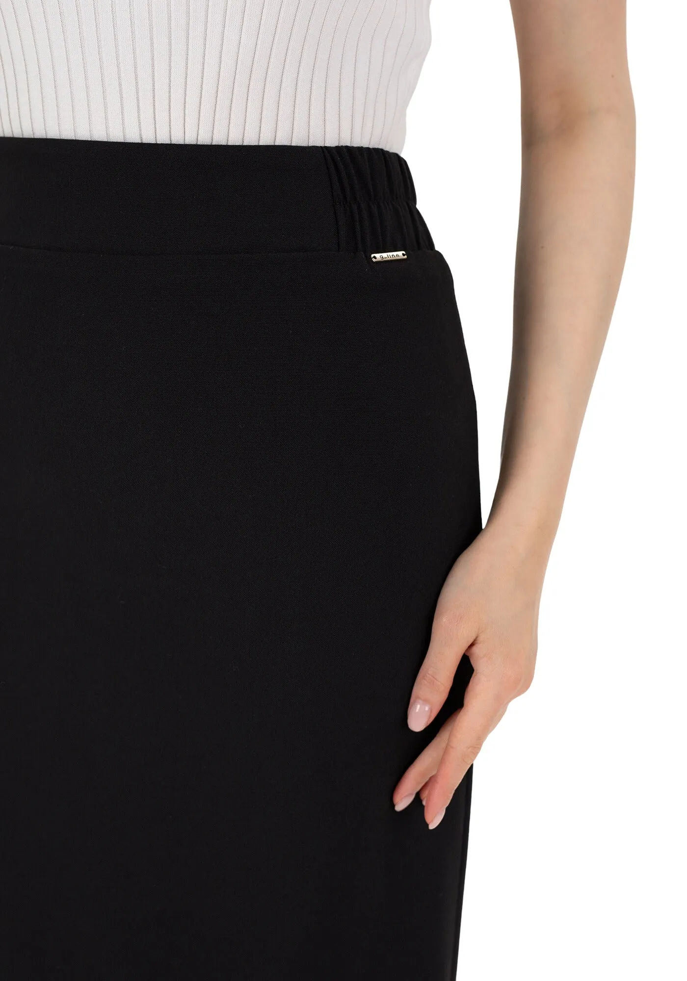 Midi Pencil Skirt with Elastic Waist and Closed Back Vent