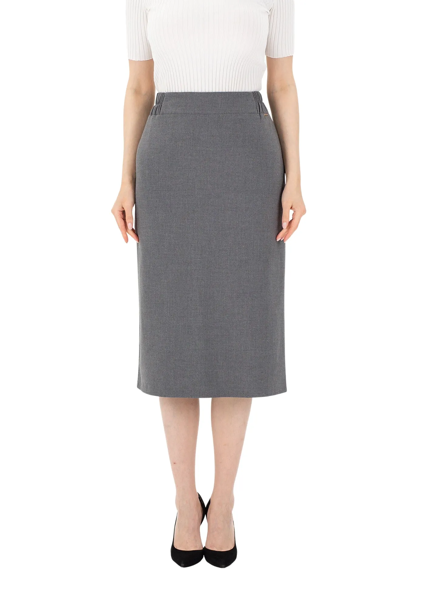 Midi Pencil Skirt with Elastic Waist and Closed Back Vent