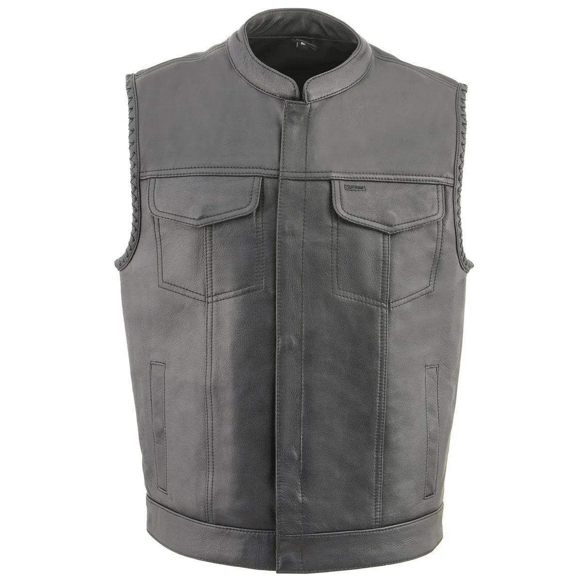 Milwaukee Leather MLM3508 Men's Black Premium Leather Vest - Old Glory Laced Armholes Black Stitching Club Style Vest