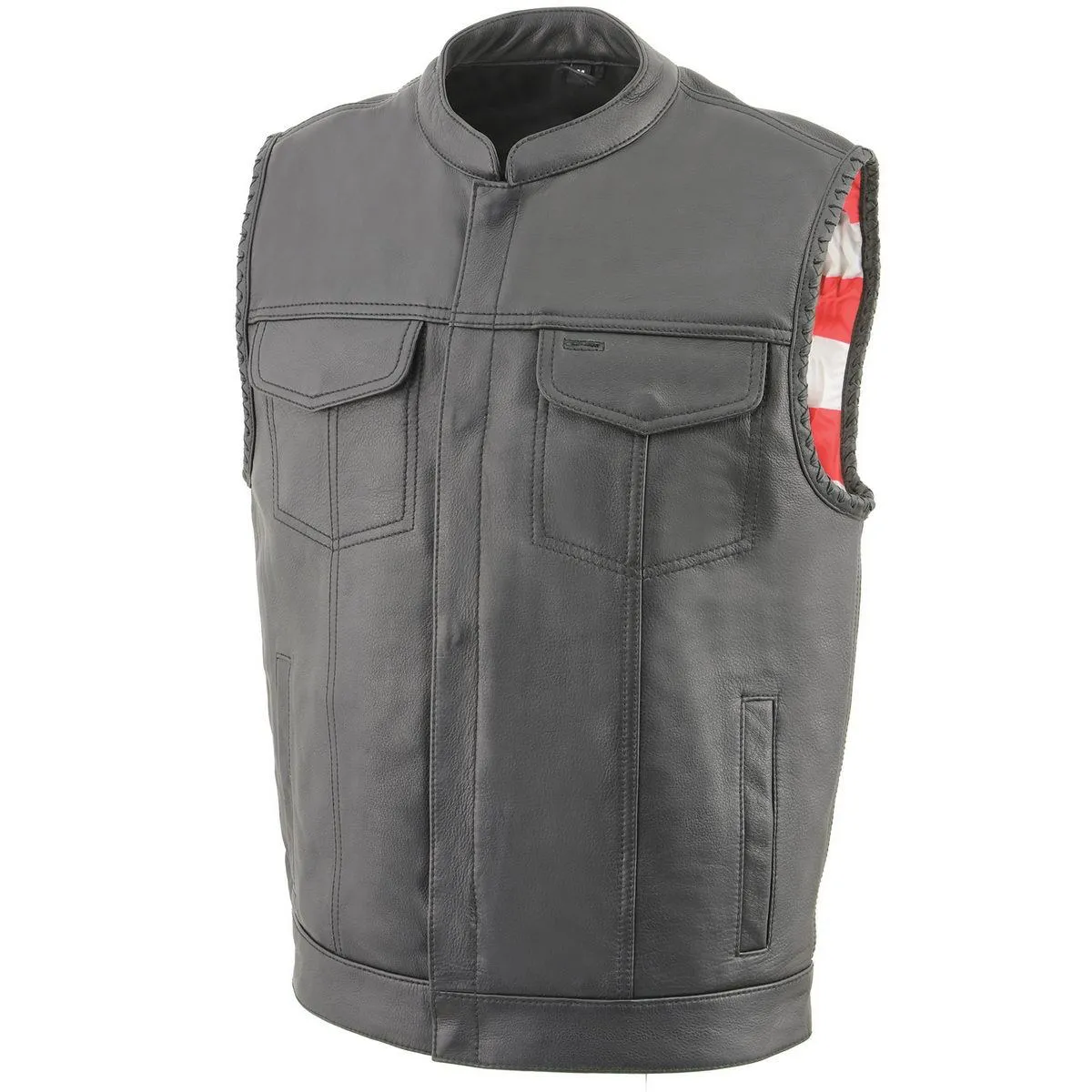 Milwaukee Leather MLM3508 Men's Black Premium Leather Vest - Old Glory Laced Armholes Black Stitching Club Style Vest