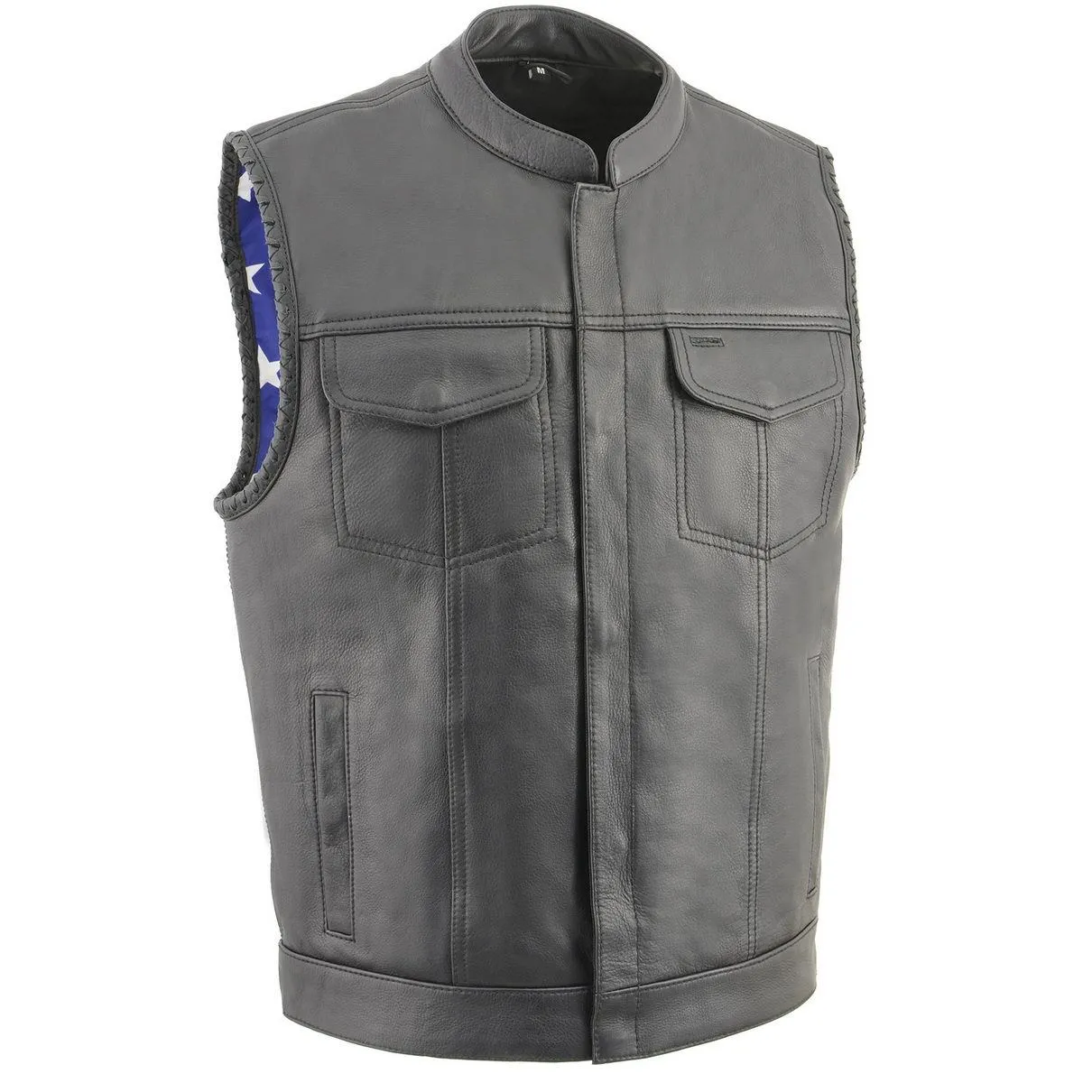 Milwaukee Leather MLM3508 Men's Black Premium Leather Vest - Old Glory Laced Armholes Black Stitching Club Style Vest