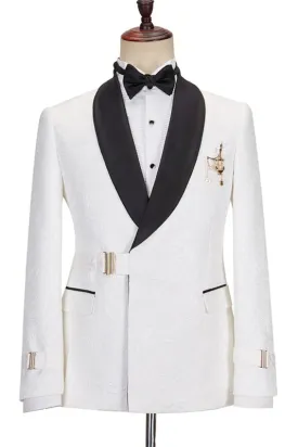 Modern White Jacquard Shawl Collar Wedding Suit with Gold Accent