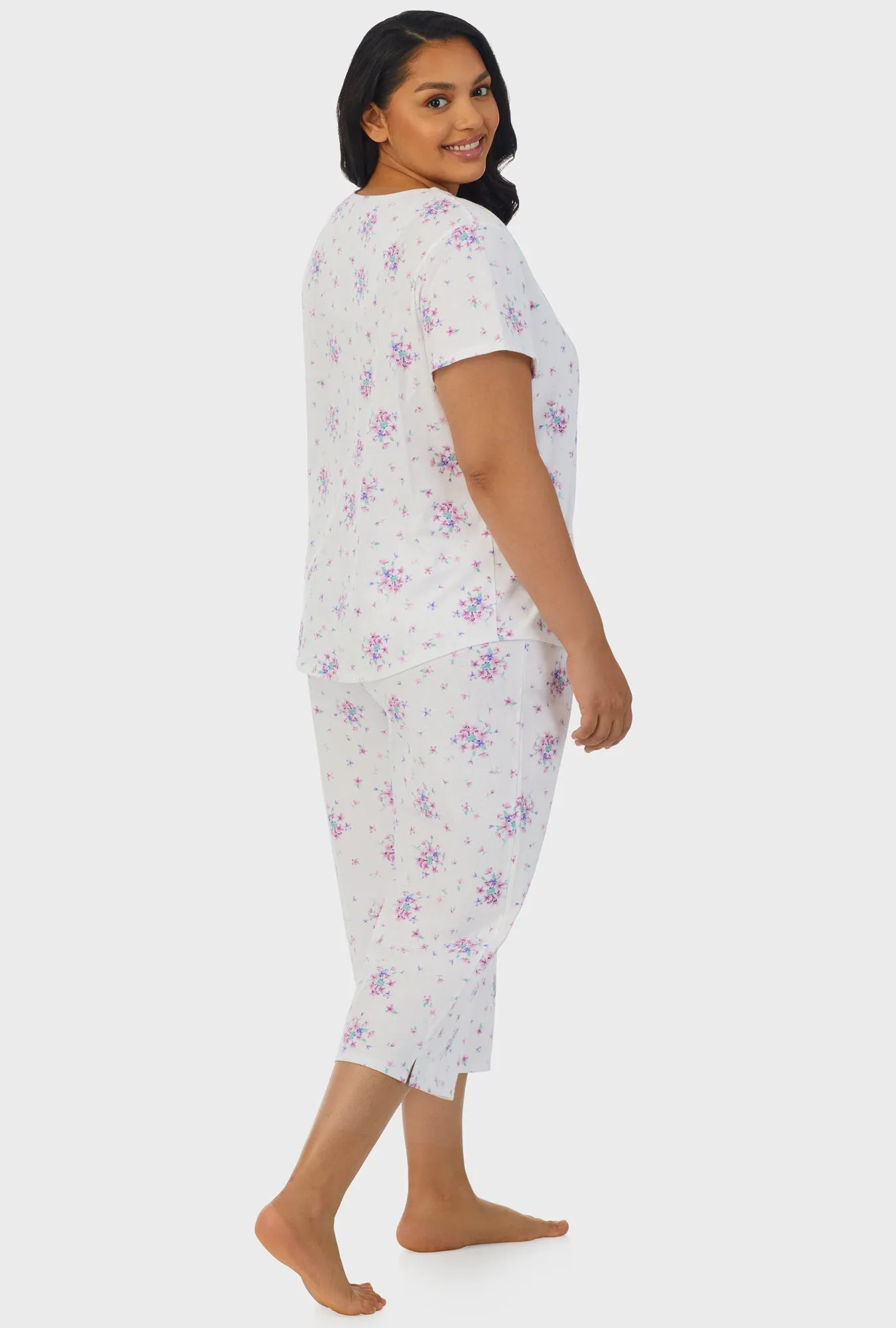 Mulberry Purple Floral Bouquet Short Sleeve Capri Pant PJ Set