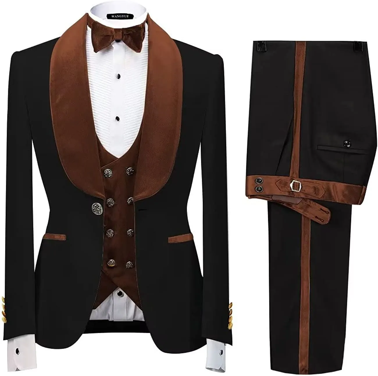 Nat Latest Brown Shawl Collar Three-Piece Velvet Groom's Suit