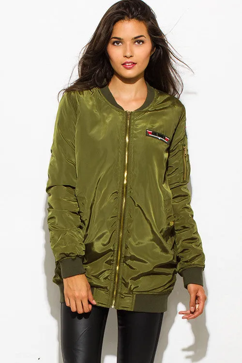 OLIVE GREEN MILITARY POCKETED PATCH EMBROIDERED PUFF BOMBER COAT JACKET