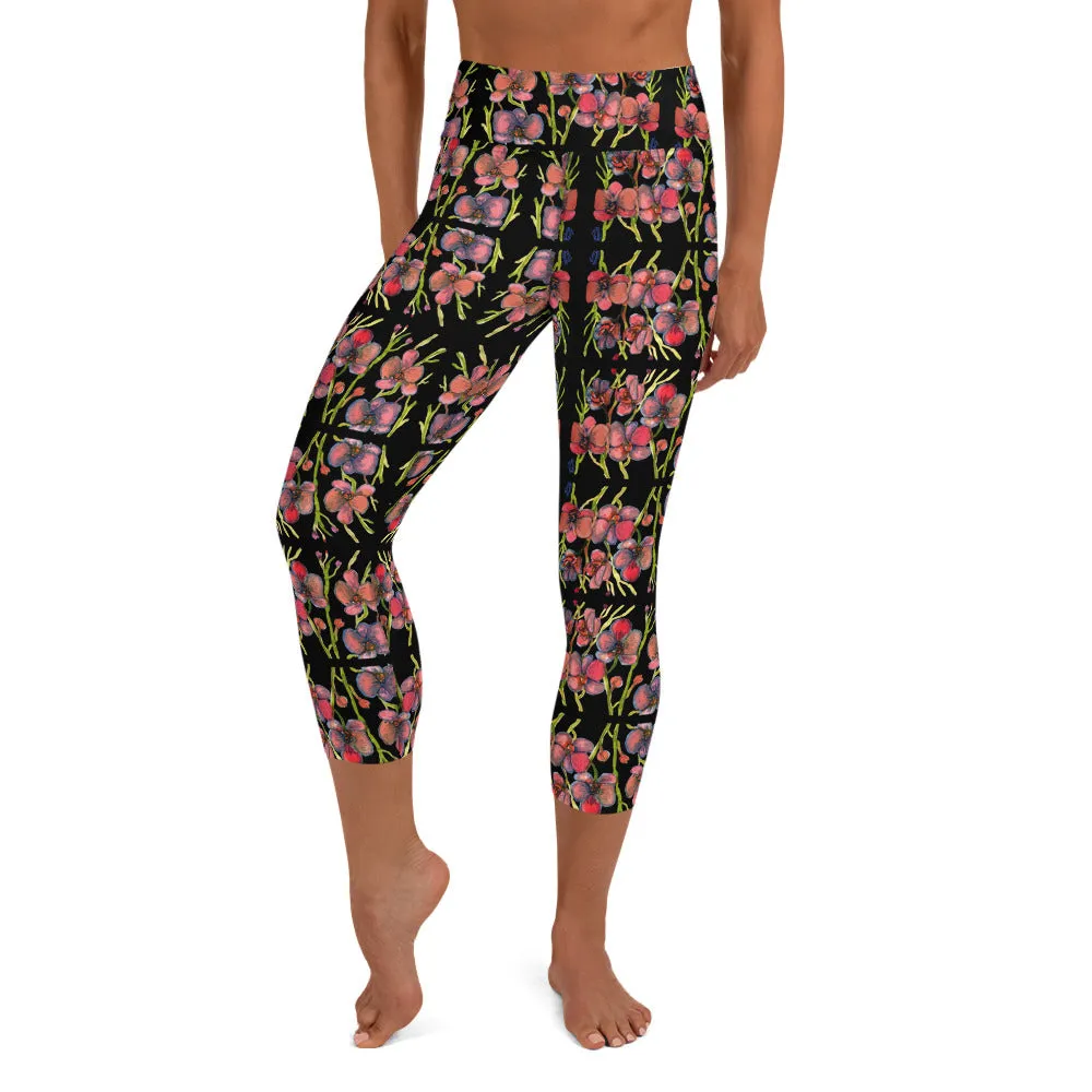 Pink Orchids Yoga Capri Leggings, Best Floral Print Women's Capris Tights-Made in USA/EU