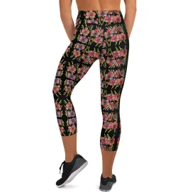 Pink Orchids Yoga Capri Leggings, Best Floral Print Women's Capris Tights-Made in USA/EU