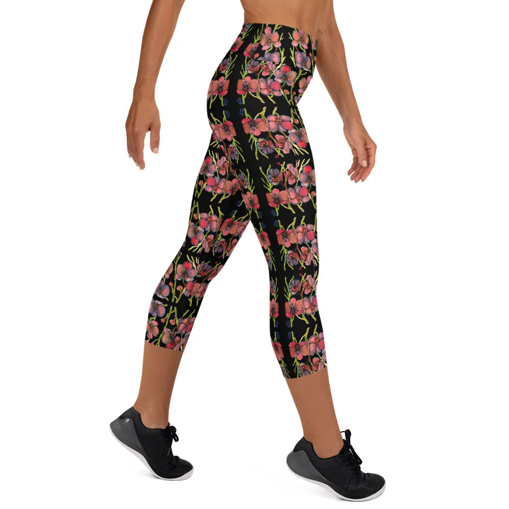 Pink Orchids Yoga Capri Leggings, Best Floral Print Women's Capris Tights-Made in USA/EU