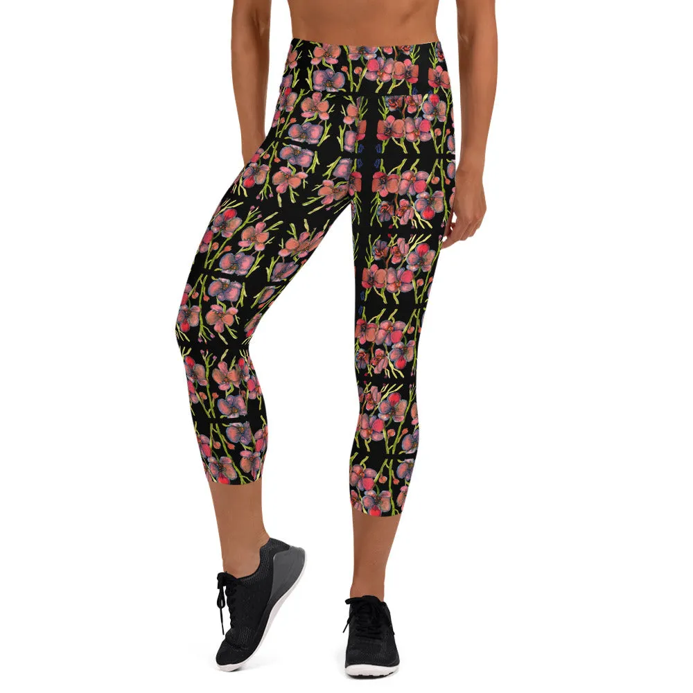 Pink Orchids Yoga Capri Leggings, Best Floral Print Women's Capris Tights-Made in USA/EU