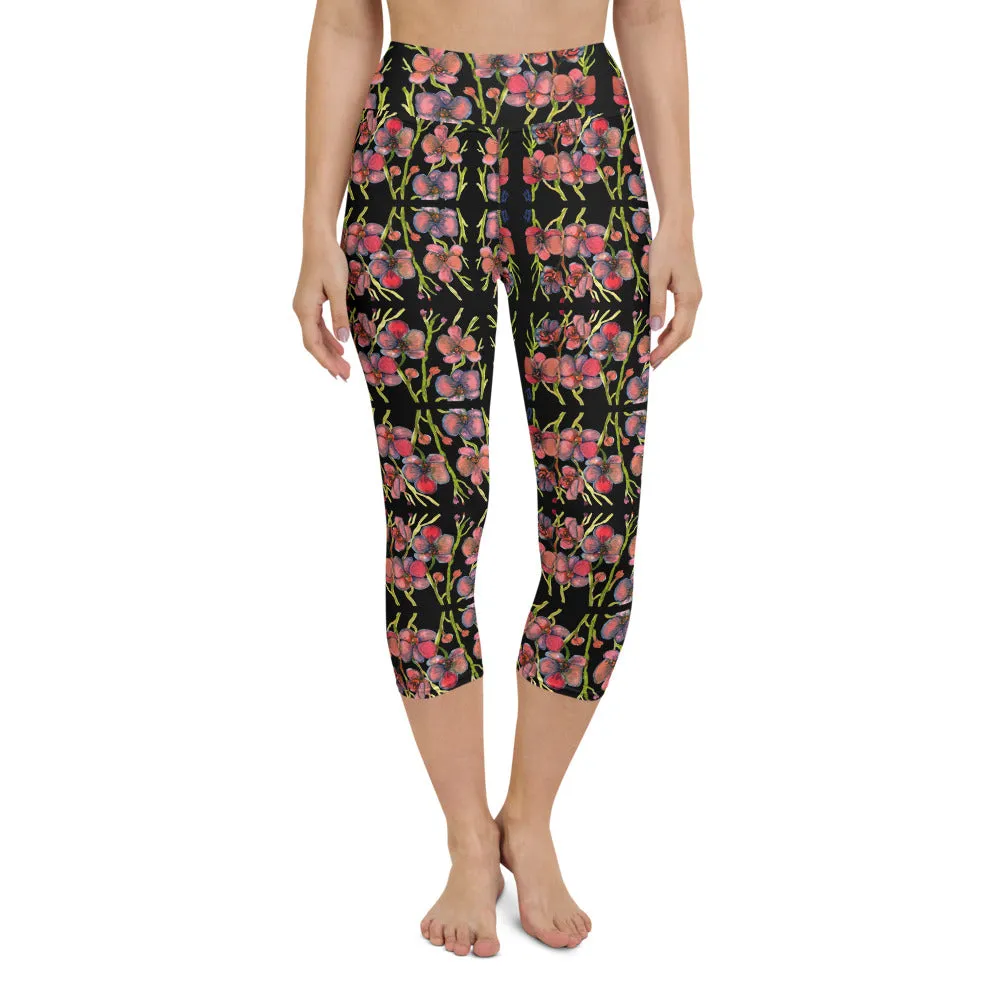 Pink Orchids Yoga Capri Leggings, Best Floral Print Women's Capris Tights-Made in USA/EU