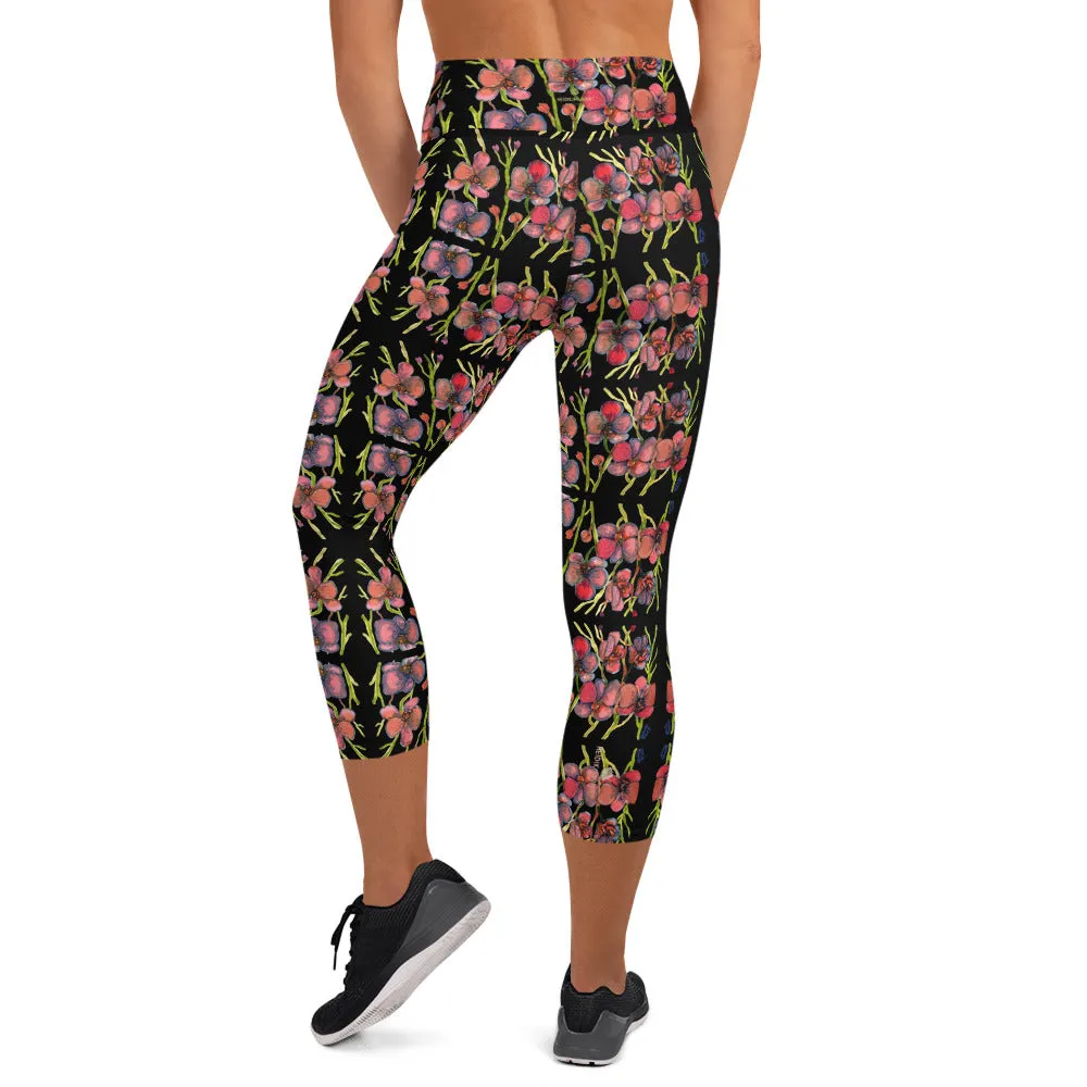 Pink Orchids Yoga Capri Leggings, Best Floral Print Women's Capris Tights-Made in USA/EU