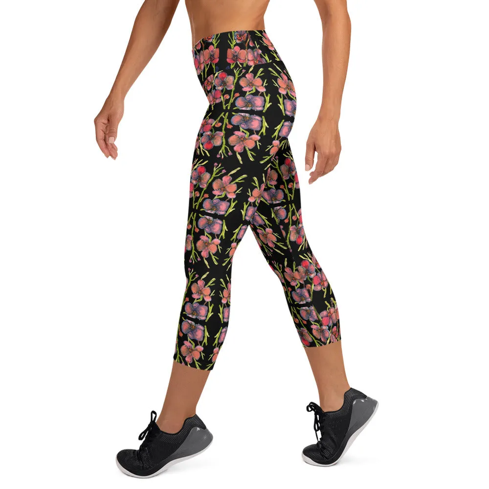 Pink Orchids Yoga Capri Leggings, Best Floral Print Women's Capris Tights-Made in USA/EU