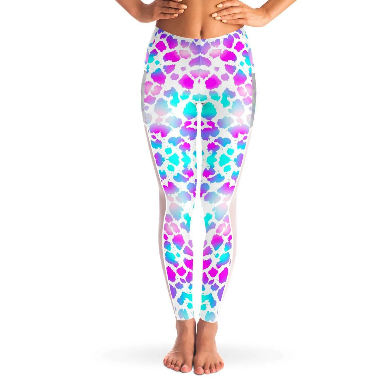 Pink Purple Aqua Spots Mesh Panel Side Pockets Leggings (FWS)