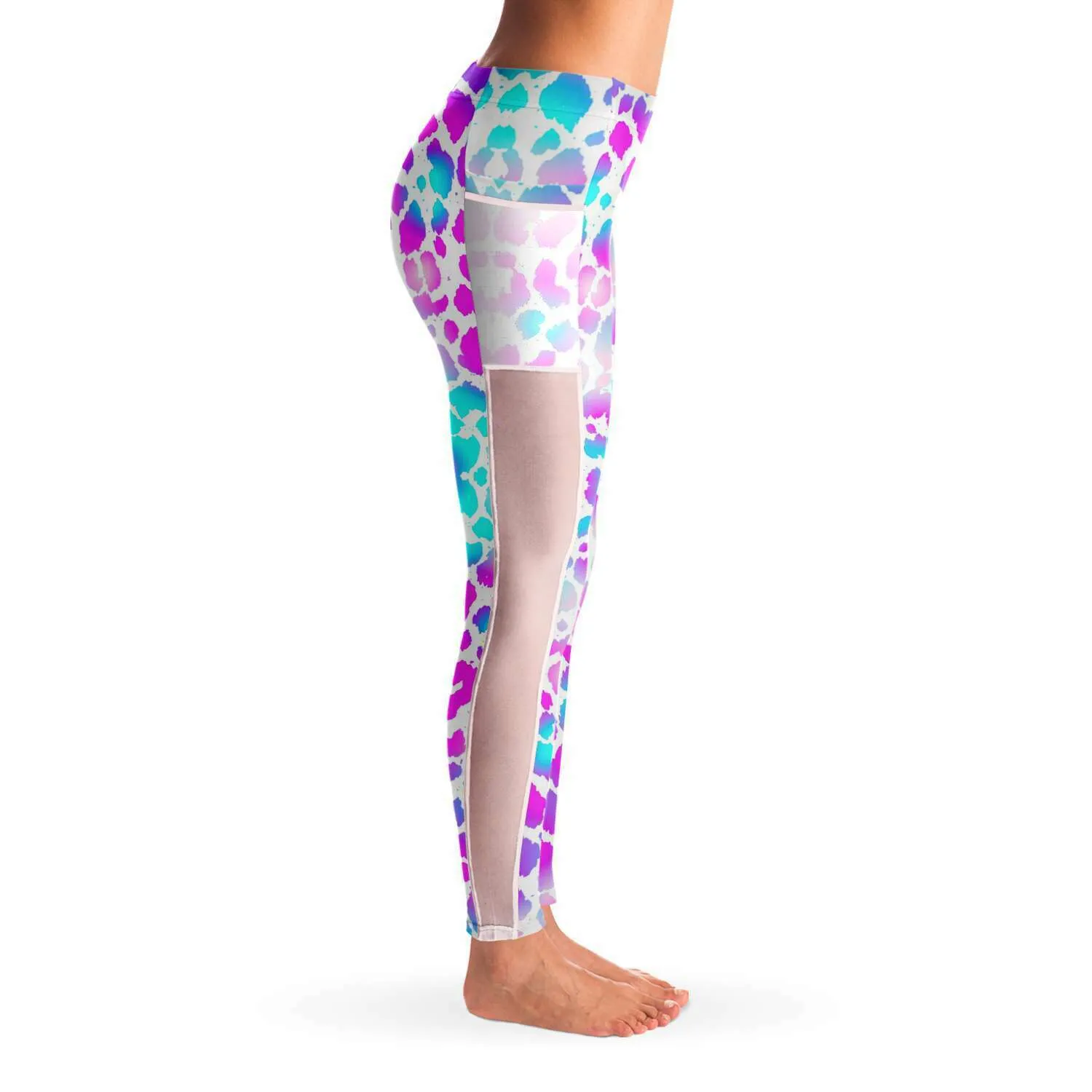 Pink Purple Aqua Spots Mesh Panel Side Pockets Leggings (FWS)